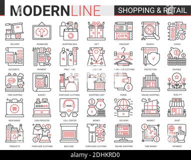 Shopping détail Conplex fin rouge ligne noire icône scénario ensemble d'illustrations. Symboles d'application de site Web de boutique commerciale linéaire pour les commandes en ligne, la livraison gratuite des achats, le centre d'appels de l'assistance clientèle en ligne Illustration de Vecteur