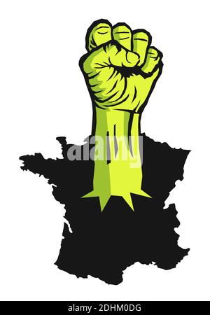 Poing jaune levé et fermé en France - gilets jaunes et révolution française, rébellion, soulèvement, émeute et protestation. Illustration vectorielle Banque D'Images