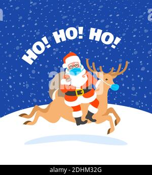 Le Père Noël dans un masque médical portant le cerf de Noël et tenant un sac avec des cadeaux. Illustration vectorielle de dessin animé. Prévention du coronavirus. Christma enneigé Illustration de Vecteur