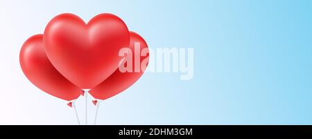 Ballons rouges en forme de cœur, sur fond bleu. Bannière horizontale vectorielle, pour une décoration romantique ou de Noël. Illustration de Vecteur