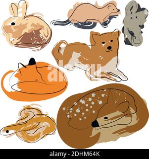 Ensemble d'animaux de ligne avec des taches de peinture. Chien, chat, cerf, lapin, renard, serpent, furet. Vecteur EPS 10 isolé sur blanc Illustration de Vecteur