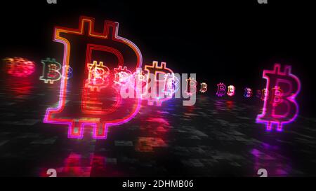 Symbole Bitcoin, crypto monnaie argent affaires, sécurité, l'icône minière néon boucle concept. Illustration futuriste du rendu 3d abstrait. Banque D'Images