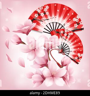 Ventilateur pliable japonais réaliste avec fleurs sakura ornement sur rose illustration vectorielle Illustration de Vecteur