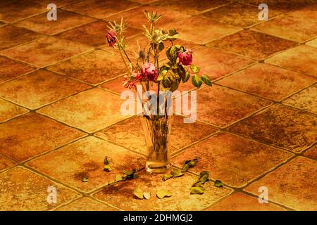 Belle photo en gros plan de roses roses séchées dans un bouquet d'automne debout dans un vase en verre transparent sur un sol rustique vieux carreaux. Les feuilles séchées sont tombées de Banque D'Images