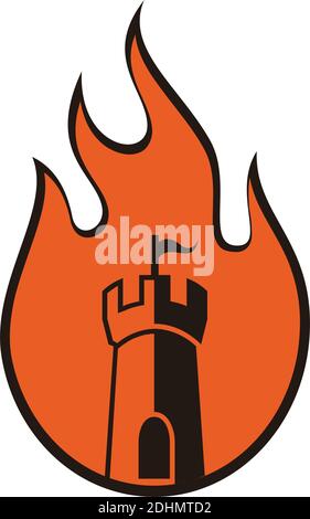 château sur feu flamme plate icône plate logo vectoriel conception concept Illustration de Vecteur