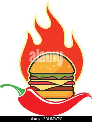 concept vectoriel logo plat de hamburger épicé au piment fort Illustration de Vecteur