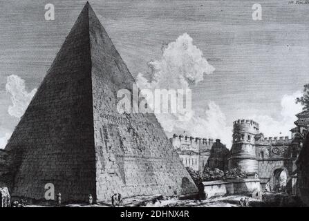 Ancienne peinture de la Pyramide de Cestius à Rome, Italie, le 3 février 2016. La seule pyramide survivante de la ville éternelle, datant de la conquête de l'Égypte, cherche à attirer plus de visiteurs après un nettoyage complet financé par le magnat japonais de l'habillement. Les archéologues sont désireux de montrer le monument, construit il y a environ 2,000 ans comme tombe funéraire pour un praetor romain, ou magistrat, appelé Caius Cestius. La pyramide est l'une des quatre connues pour avoir été construite dans les temps romains anciens, mais la seule à survivre jusqu'à aujourd'hui. Leur construction reflétait une mode de style égyptien à Rome après la conquête de E Banque D'Images