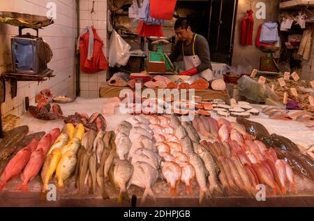 Fruits de mer à vendre dans le district de WAN Chai, Hong Kong. Banque D'Images