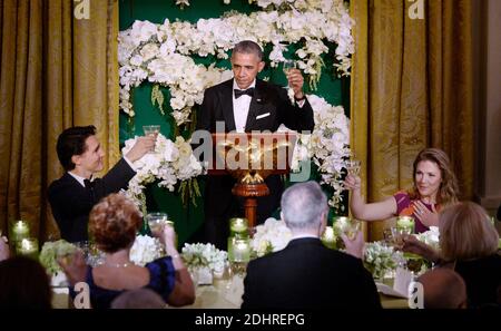 Le président Barack Obama donne un toast lors d'un dîner d'État pour le Premier ministre Justin Trudeau et sa femme Mme Sophie Grégoire Trudeau à la Maison Blanche le 10 mars 2016 à Washington, DC, États-Unis. Photo par Olivier Douliery/Pool/ABACAPRESS.COM Banque D'Images