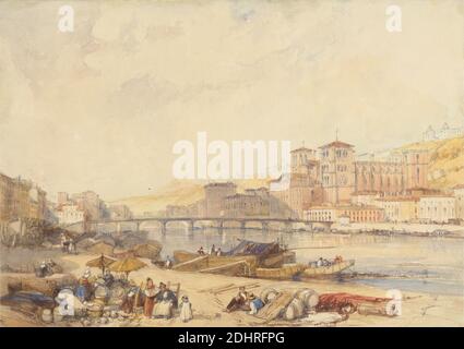 Lyon de Quayside sur le Rhône, James Duffield Harding, 1798–1863, British, ca. 1824, aquarelle, encre de stylo et brune, encre de stylo et rouge, et graphite sur papier crème, moyennement texturé, feuille : 9 1/8 × 13 pouces (23.2 × 33 cm), sujet architectural, tonneaux (conteneurs), bateaux, passerelle, bâtiments, chaises, enfants, paysage urbain, figures (représentations), Grand Tour, hommes, rivière, assis, ciel, parapluies, wagon, roues, fenêtres, femmes, Lyon, Rhône Banque D'Images