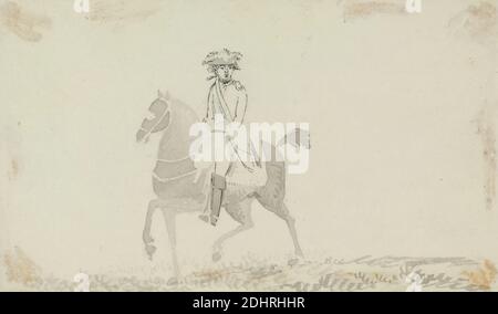 Un soldat à cheval, attribué à un artiste inconnu, (W. Gore), anciennement attribué à Charles Gore, 1729–1807, British, non daté, gris et brun lavage avec stylo et encre noire sur graphite modérément épais, légèrement texturé, papier de vélin crème, feuille: 5 3/8 × 9 1/16 pouces (13.7 × 23 cm), forces armées, sujet de genre, cheval (animal), homme, soldat, uniforme Banque D'Images