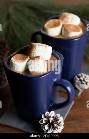 Mugs élégants au chocolat chaud et guimauves à la cannelle saupoudrées sur le dessus - chocolat chaud servi sur la table de noël Banque D'Images