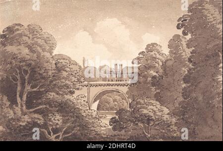 Vue d'un pont, George Heriot, 1766–1844, British, 1819, stylo et encre brune et lavage brun sur papier vélin beige modérément épais, feuille: 4 5/8 × 7 3/8 pouces (11.7 × 18.7 cm), sujet architectural, pont (travaux de construction), bâtiment, arbres Banque D'Images