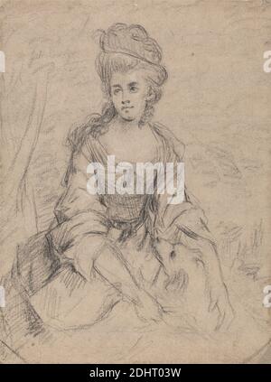 Portrait d'une dame, attribué à Angelica Kauffmann RA, 1741–1807, suisse, active en Grande-Bretagne (1766–81), non daté, craie noire et craie blanche sur papier peint moyen, légèrement texturé, beige, feuille: 9 5/8 x 7 5/16po. (24.4 x 18,6cm) et feuille: 9 5/8 × 7 3/8 pouces (24.4 × 18.7 cm), chien (animal), étude de figure, femme, assise, femme Banque D'Images