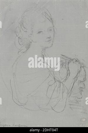 Autoportrait, Angelica Kauffmann RA, 1741–1807, Suisse, active en Grande-Bretagne (1766–81), non daté, craie noire, lavage bleu, stylo et encre brune, et graphite sur papier crème moyen, légèrement texturé, feuille: 10 1/16 x 7 1/8in. (25.6 x 18,1 cm) et feuille : 10 1/8 x 7 3/8 pouces (25.7 x 18.7 cm), buste, étude de figure, portrait, sculpture, autoportrait Banque D'Images