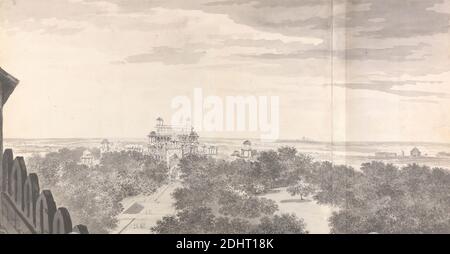 Vue de la tombe de l'empereur Akbar à Secrundii (Sikandra) depuis le sommet de la porte extérieure, William Hodges, 1744–1797, British, ca. 1783, lavage gris, stylo et gris / encre noire et graphite sur deux morceaux de papier coulé joints, posés sur le support de lavage du 19e siècle, feuille: 18 3/4 x 36po. (47.6 x 91,4cm Banque D'Images