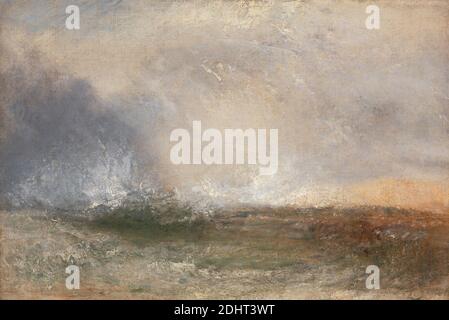 Brise de la mer de tempête sur une terre, Joseph Malord William Turner, 1775–1851, Britannique, entre 1840 et 1845, huile sur toile, support (PTG) : 17 1/2 x 25 pouces (44.5 x 63.5 cm), art abstrait, paysage, lumière, météorologie, mouvement, science, mer, paysage marin, rivage (forme terrestre), ciel, tempêtes, soleil, texture, vagues (événements naturels) Banque D'Images
