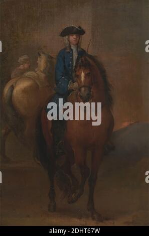 Un jeune gentleman de cheval écopé, John Vanderbank, 1694–1739, britannique, entre 1728 et 1729, huile sur toile, support (PTG): 19 1/8 × 12 3/4 pouces (48.6 × 32.4 cm), genre sujet, gants, chapeau, cheval (animal), chevaux (animaux), hommes, portrait, redingote (pardessus), rênes, bottes d'équitation, ruffle, fouet tricorne Banque D'Images