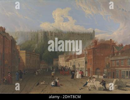 A View of Thames Street, Windsor, George Vincent, 1796–1832, British, 1827 à 1830, Oil on Canvas, support (PTG) : 26 5/8 x 36 3/4 pouces (67.6 x 93.3 cm), animaux, bâtiments, calèche, château, enfants, ville, couples, chiens (animaux), famille, famille, clôture, rassemblement, genre sujet, robe, travail, échelle, réunion, hommes, juptiat, route, shopping, travail en pierre, rue, ville, uniforme, marche, femmes, ouvriers, Berkshire, Angleterre, Europe, Royaume-Uni, Windsor et Maidenhead Banque D'Images