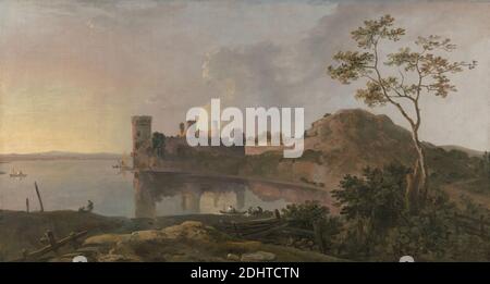 Une soirée d'été (Château de Caernarfon), Richard Wilson RA, 1714–1782, Britannique, active en Italie (1750–56), entre 1764 et 1765, huile sur toile, support (PTG) : 24 3/4 x 45 3/4 pouces (62.9 x 116.2 cm), sujet architectural, baie (plan d'eau), bateaux, château, crépuscule, soirée, clôture, pêcheurs, pêche, colline, paysage, nuit, rivière, barques, pierre, été, Caernarfon, Caernarfon Castle, Caernarfonshire et Merionethshire, Cymru, Gwynedd, Royaume-Uni, Seiont, pays de Galles Banque D'Images