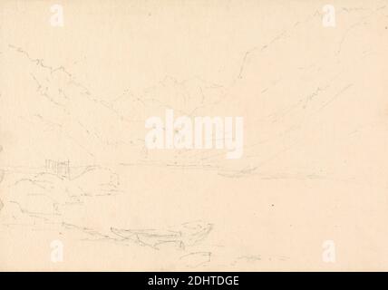 Paysage montagneux et lac, artiste inconnu, dix-neuvième siècle, non daté, Graphite sur papier épais, légèrement texturé, feuille: 7 × 10 pouces (17.8 × 25.4 cm), lac, paysage, montagne, croquis, pentes Banque D'Images