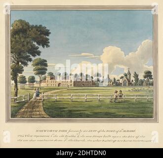 Hanworth Park, Middlesex, Charles Tomkins, 1757–1823, British, non daté, aquarelle et gouache avec stylo et encre noire et brune sur papier à feuilles moyennes, légèrement texturées, crème, feuille : 6 1/4 × 8 1/4 pouces (15.9 × 21 cm), sujet architectural, clôture, figures, herbe, granges à cheval, maison, paysage, parc (terrain), moutons, arbres, Angleterre, Europe, Hanworth, Hanworth Park House, Hounslow, Royaume-Uni Banque D'Images