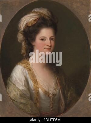 Portrait d'une femme, traditionnellement identifiée comme Lady Hervey, Angelica Kauffmann RA, 1741–1807, Suisse, active en Grande-Bretagne (1766–81), ca. 1770, huile sur toile, support (PTG): 29 5/16 x 22 7/8 pouces (74.5 x 58.1 cm), costume, broderie, tête, dentelle, ovale, portrait, châle, châles, turban, femme Banque D'Images