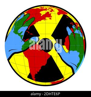 concept, l'homme couvre la planète avec ses mains. Salut de la nature de la menace du danger radioactif. Protestation contre les tests et l'utilisation du cercle Illustration de Vecteur