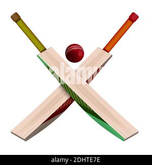chauves-souris en bois croisé et ballon de cricket rouge en cuir avec un style réaliste sur fond blanc. Sports d'équipe d'été. Vecteur sur fond blanc Illustration de Vecteur
