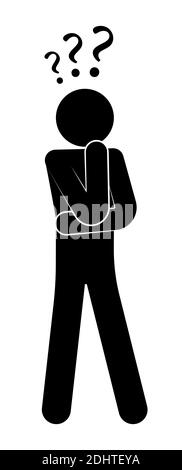 figure de bâton, l'homme se tient dans la pensée, la confusion. Prendre des décisions difficiles, répondre aux questions. Points d'interrogation au-dessus de la tête. Vecteur sur un dos blanc Illustration de Vecteur