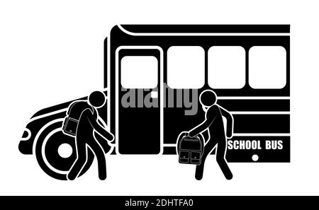 Figure de bâton, les écoliers avec des sacs à dos s'approchent de l'autobus scolaire américain. Le 1er septembre est le début de l'année scolaire. Sécurité routière. BL Illustration de Vecteur