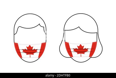 silhouette d'homme et de femme dans des masques médicaux en style de drapeau canadien. Prévention de la propagation de la maladie. Icônes sur fond blanc Illustration de Vecteur