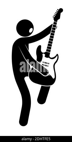 figure de bâton, musicien joue de la musique rock sur guitare, debout sur une jambe. Concerts, festivals et vacances. Vecteur sur fond blanc Illustration de Vecteur