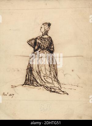 La reine Anne, attribuée à la reine Victoria, 1819–1901, Britannique, attribuée antérieurement: Sir Francis Grant, 1803–1878, Britannique, 1857, stylo et encre noire sur papier vélin moyen, légèrement trêlé, feuille: 6 3/4 × 5 5/16 pouces (17.1 × 13.5 cm), robe, ventilateur, étude de figure, portrait, femme Banque D'Images