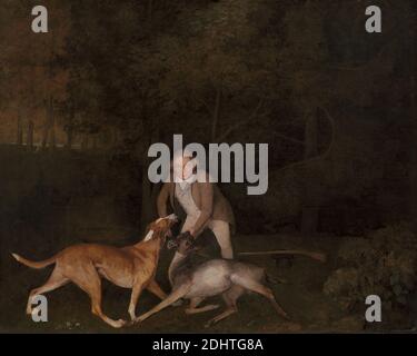 Freeman, le gardien de chasse du comte de Clarendon, avec un chien et un chien de chasse mourant, George Stubbs, 1724–1806, British, 1800, huile sur toile, support (PTG) : 40 x 50 pouces (101.6 x 127 cm), Cervidae (famille), costume, sombre, chien (animal), crépuscule, mourant, forêt, garde-chasse, portrait, fusil, art sportif, sportif, Angleterre, Hertfordshire, Royaume-Uni, Watford Banque D'Images