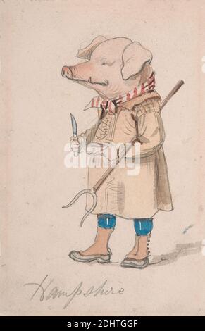 Caricature du comté de Hampshire, John Leech, 1817–1864, britannique, non daté, aquarelle et graphite sur papier de vélin moyen, modérément texturé, feuille: 7 × 4 3/4 pouces (17.8 × 12.1 cm), caricature, gluttonie, mouchoir, couteau, porc, fourche, Angleterre, Hampshire, Royaume-Uni Banque D'Images