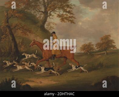 Huntsman and Hounds, John Nost Sartorius, 1759–1828, British, 1809, huile sur toile, support (PTG): 44 3/4 x 58 1/2 pouces (113.7 x 148.6 cm), animaux, bride, chiens (animaux), chapeau, chiens (chiens), chasseur, chasse, homme, bottes d'équitation, sportif, fouet Banque D'Images