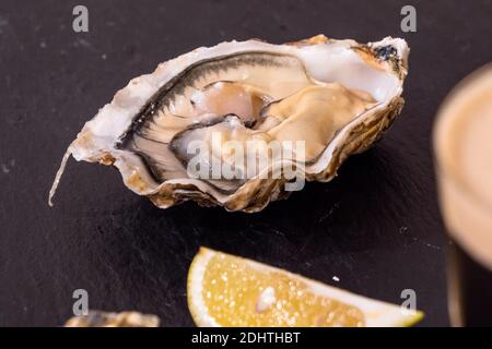 Oyster brut et Stout avec un Wedge de citron, une spécialité de cuisine irlandaise Banque D'Images