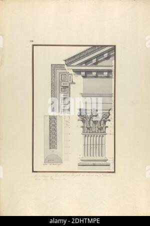 Détails d'un Temple Corinthien sur l'Acropole de Pergame, Giovanni Battista Borra, 1713–1770, italien, ca. 1750, encre noire et brune avec lavage gris sur graphite sur papier beige modérément épais, moyennement texturé, feuille : 21 1/4 x 37.6 cm (14 13/16 x 53.9 pouces) et image : 12 3/8 x 8 1/16 pouces (31.5 x 20.5 cm), acropole, sujet architectural, capitale (composante de colonne), colonnes, Corinthien (style architectural), entablature, frises, pédiment, temple, Asie, Ege kiyilari, Ili Izmir, Pergamon, Turquie Banque D'Images