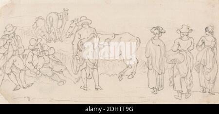 Figure avec luth et Tambourine, avec d'autres figures : hommes au repos, femmes de campagne, chevaux, etc., Paul Sandby RA, 1731–1809, Britannique, non daté, Graphite sur milieu, papier à la crème, feuille : 3 3/8 x 7 pouces (8.6 x 17.8 cm), pays (paysage rural), étude de figure, figures, genre sujet, cheval (animal), luth, hommes, instruments de musique, repos, tambourine, femmes Banque D'Images