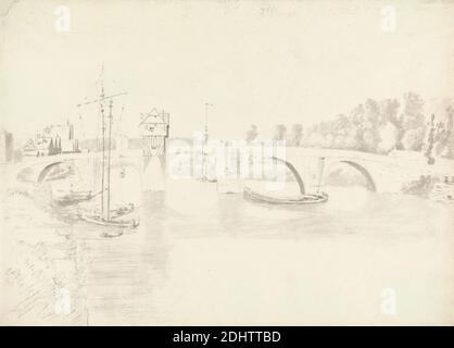 Bewdley Bridge, Worcester, attribué à Peter Rashleigh, actif 1775, élève de John Malchair, 1730–1812, allemand, actif en Grande-Bretagne (1754–1812), 1775, Graphite et lavage gris sur papier à la crème, moyennement texturé, feuille : 9 1/4 × 12 3/4 pouces (23.5 × 32.4 cm), arches, bateaux, pont (travaux de construction), paysage urbain, art marin, rivière, Angleterre, Europe, Royaume-Uni, Worcester Banque D'Images