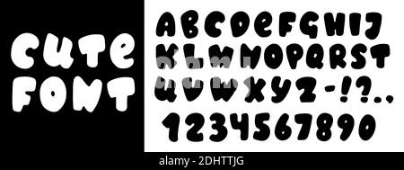 Police de caractères vectorielle ronde avec lettres, chiffres et ponctuation de l'alphabet anglais. Drôle sans serif type. Affiche en anglais sur fond blanc. Illustration de Vecteur