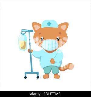 Chat médecin avec compte-gouttes chirurgical, illustration de vecteur animal mignon sur fond blanc. Le caractère d'infirmière de Cat en tant que personnel hospitalier. Animal médecin caractère Illustration de Vecteur