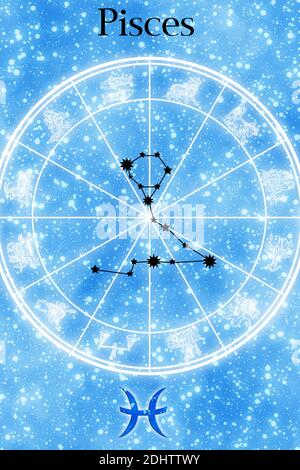 Carte avec symbole, nom et constellation du signe du zodiaque de poissons Banque D'Images