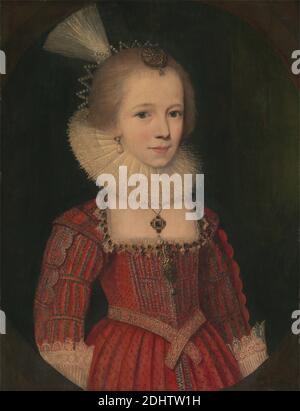 Une jeune fille, Paul van Somer, ca. 1576–1621, flamand, actif en Grande-Bretagne (à partir de 1616), env. 1615, huile sur panneau, support (PTG): 25 3/4 × 20 pouces (65.4 × 50.8 cm), enfant, costume, fille, Jacobean, bijoux, ovale, portrait Banque D'Images