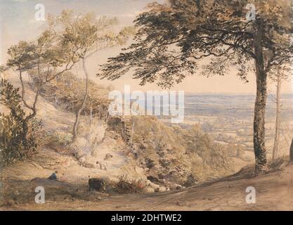 Wilmot's Hill, Kent, Samuel Palmer, 1805–1881, Britannique, active en Italie (1837–39), vers. 1851, aquarelle, gouache, et craie noire sur papier de vache beige, légèrement texturé, feuille: 10 3/4 × 14 7/8 pouces (27.3 × 37.8 cm), bétail, bétail, figures, colline, paysage, mouton, arbres, vue, Angleterre, Europe, Kent, Royaume-Uni Banque D'Images