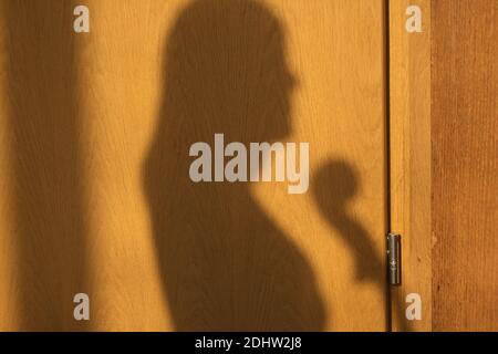 Silhouette d'une fille avec violoncelle sur une surface en bois. Banque D'Images