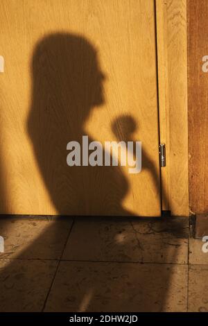 Silhouette d'une fille avec violoncelle sur une surface en bois. Banque D'Images