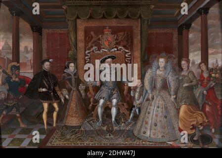 Une allégorie de la succession de Tudor : la famille d'Henry VIII, artiste inconnu, XVIe siècle, après Lucas de Heere, 1534–1584, Netherlandish, ca. 1590, huile sur panneau, support (PTG): 45 × 71 3/4 pouces (114.3 × 182.2 cm), allégorie, brocart, enfant, paysage urbain, blason, costume, famille, fruit, portrait de groupe, gardes (sécurité), sujet historique, jester, roi (personne), paix, abondance, portrait, reine (personne), royauté, tapis, trône, Tudor, Tudor Banque D'Images