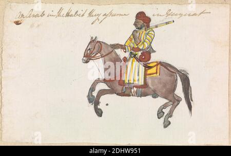 Un arabe dans les vêtements de Guyirat, Gangaram Chintaman Tambat, active 1790, Anglo-Indian, non daté, aquarelle et graphite avec stylo et encre noire sur papier moyen, légèrement texturé, crème posée, feuille: 5 × 7 1/2 pouces (12.7 × 19.1 cm), art animal Banque D'Images